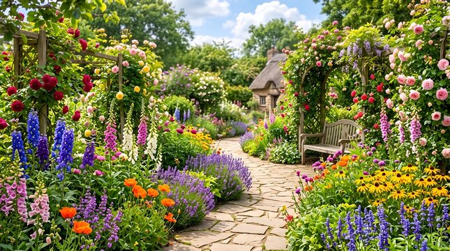 English cottage garden with blooming flowers, stone path through a lush summer garden, idyllic floral landscape with roses and arches