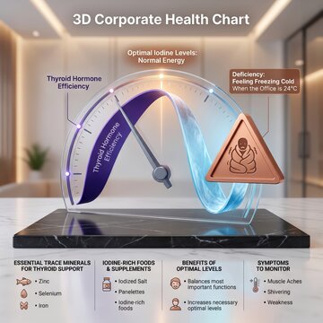 3D corporate health chart for thyroid hormone efficiency, medical infographic displaying iodine levels and deficiency symptoms, healthcare presentation