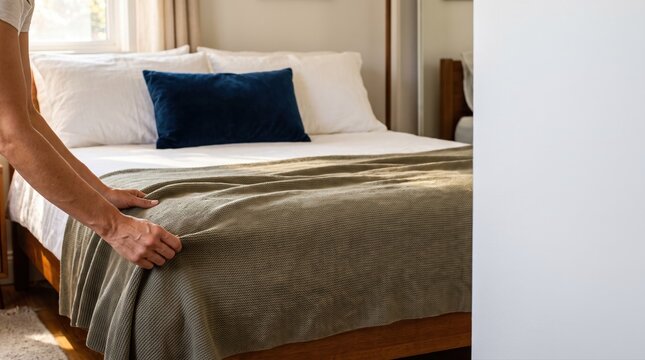 Adult smoothing a bedspread on a made bed in a sunlit bedroom