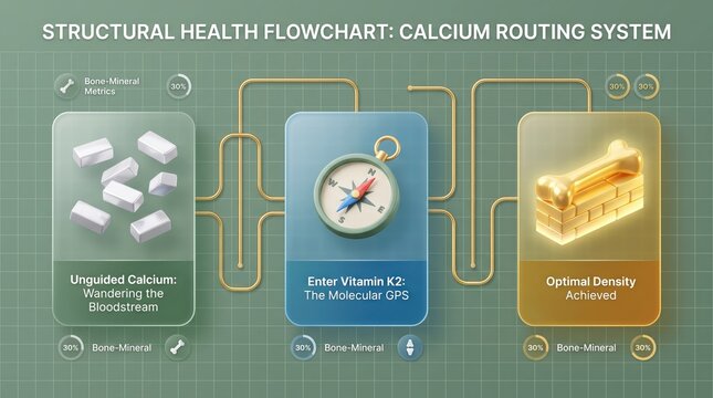 Structural health flowchart for calcium routing system, medical infographic showing vitamin K2 benefits, bone density diagram on green grid
