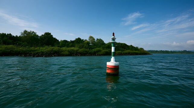 A red and white buoy floats in calm blue water near a green shoreline under a clear sky with scattered clouds