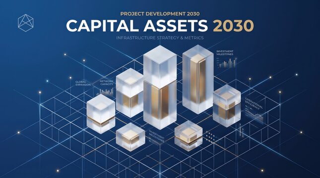Futuristic capital assets 2030 isometric infographic, 3D glass bar chart on blue grid background, financial infrastructure strategy concept