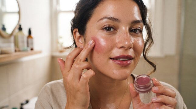 Woman applying cream blush to her cheek in bathroom