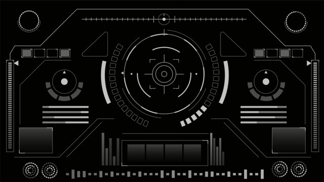 Realistic spaceship control dashboard ui with holographic tech frames, military targeting system, futuristic hud interface elements on black background, vector illustration of game panel design