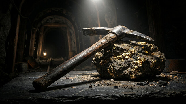 Mining pickaxe resting on rocks in dark cave