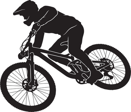 Mountain bike rider silhouette, downhill mountain biking vector, extreme sports cyclist jumping, black mtb action graphic