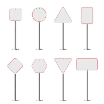 Blank street signs on metal pole. 3d white signboard mockups for road traffic information, vector placards. Empty signage templates isolated on background for outdoor city guidance