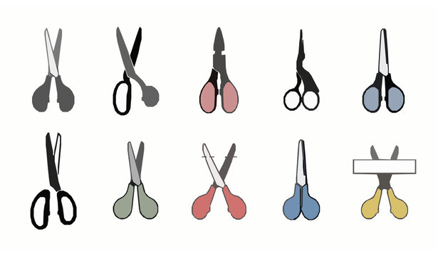 Scissors cutting line vector icon set with black craft sewing paper and trimming symbols