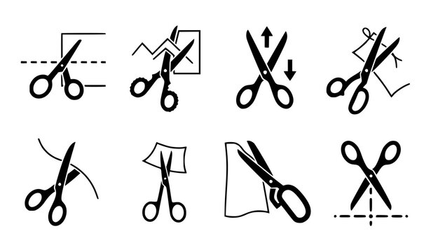 Black scissors cutting vector collection with dashed cut lines craft shears and sewing icons