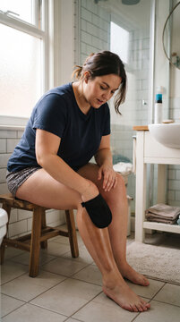 Woman applying self-tanner with a mitt in a bathroom