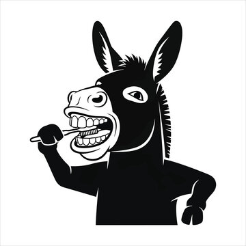 Cute cartoon donkey brushing teeth with toothbrush, dental hygiene vector illustration