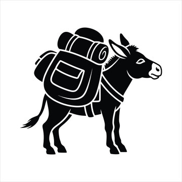 Pack donkey carrying heavy travel backpack and sleeping mat, trekking mule vector illustration