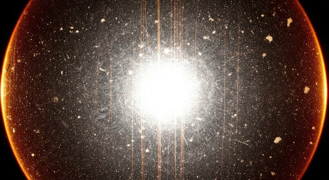 Abstract cosmic explosion with a bright central white light surrounded by dark particles, glowing orange ring, and vertical light streaks, resembling a supernova or a deep space nebula event
