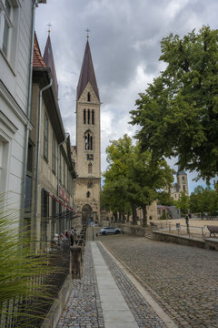 Historic Halberstadt Cathedral and Cobblestone Street in Germany