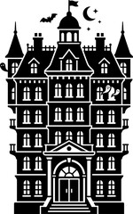 Fototapeta premium Black and white silhouette illustration of a gothic haunted house mansion.