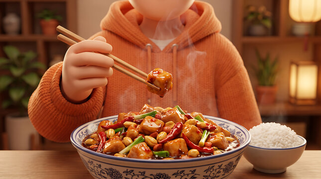 3D illustration of character eating spicy Kung Pao chicken with chopsticks