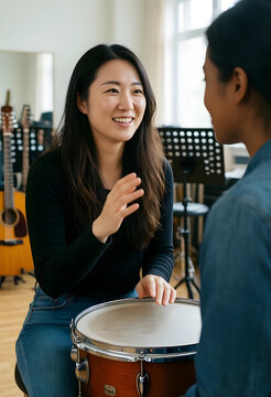 Music education and creative learning, happy teacher giving drum lesson to student in music studio with guitars and instruments in the background