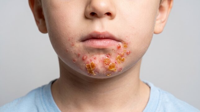 Close up of child face with severe impetigo cold sores or hand foot and mouth disease lesions