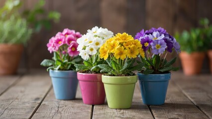 Naklejka premium Colorful primrose flowers bloom in ceramic pots on a rustic wooden floor. Perfect for spring gardening and home decor themes.
