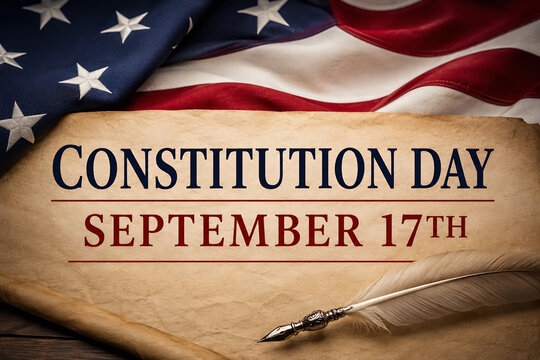 Constitution Day September 17th Vintage Scroll with American Flag and Feather Pen