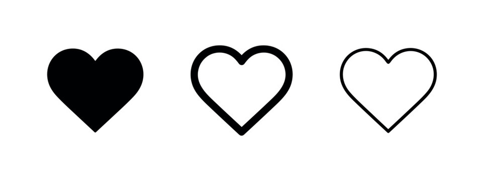 Heart icons set in glyph, bold outline, and thin outline styles for love and social media concepts
