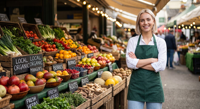 Smiling female vendor standing with arms crossed at a local outdoor farmers market stall surrounded by fresh organic fruits and vegetables