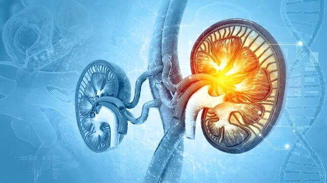 Human kidney anatomy with internal structure on blue background
