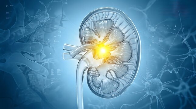 Human kidney anatomy cross section with glowing medical 3d rendering