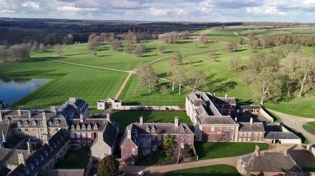 Aerial View of Boughton House Brick Courtyard Buildings and Pond Northamptonshire