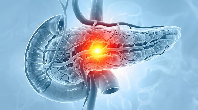Human pancreas and duodenum with inflammation or tumor 3d rendering