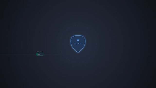 Futuristic digital security interface with a glowing blue shield icon and encryption data stream