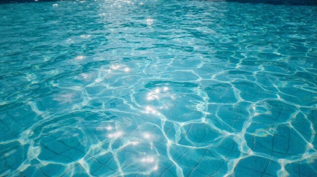 A close-up view of clear, shimmering blue water in a swimming pool with bright sunlight reflections.