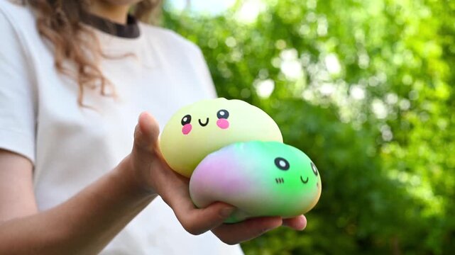 Girl playing with a green dumpling-shaped squishy toy