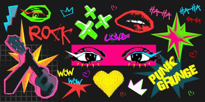 Retro halftone collage designs with grunge textures, vintage punk rock music elements. Y2k aesthetic vector doodle arts with distressed noisy effect, trendy grainy bitmap eyes, mouth and guitar