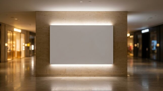 A blank billboard with soft backlighting on a beige stone wall inside a modern shopping mall area.
