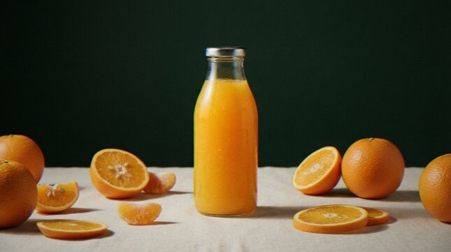 A glass bottle filled with freshly squeezed orange juice surrounded by whole and sliced oranges on a linen tablecloth against a dark green background.