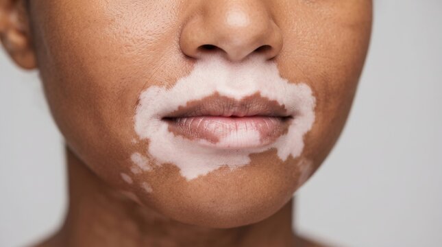 Close up of dark skin woman mouth with vitiligo depigmentation and patchy skin condition