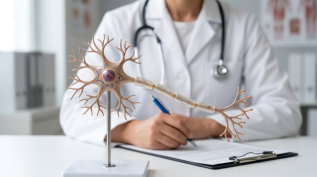Doctor explaining nervous system using a neuron model at clinic desk
