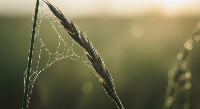 Close up of a single blade of grass with a delicate spider web covered in tiny morning dew drops, soft blurred natural background, at sunrise, macro, of nature in, the early morning light