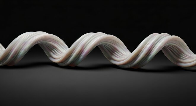 Close up of a twisted spiral shape with iridescent pastel colors and a smooth, glossy texture, curved in a wave pattern against a plain dark gray background, rendered in a3d style
