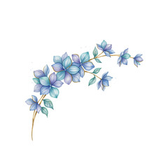 Fototapeta premium Watercolor branch with blue flowers and green leaves isolated on a transparent background