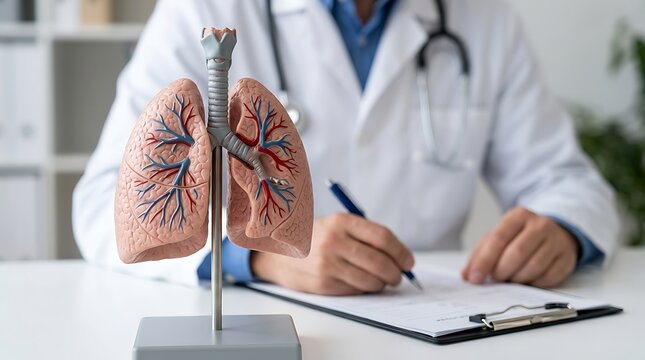 Human lungs model on desk with doctor working in background