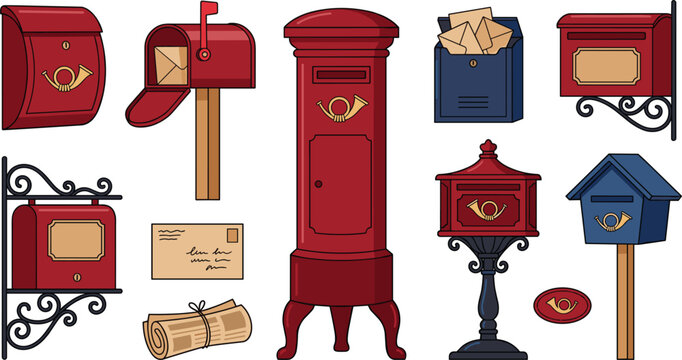 Vintage Mailbox Icon Set with Red and Blue Postboxes Post Horn Symbols Letters and Rolled Newspaper Vectors