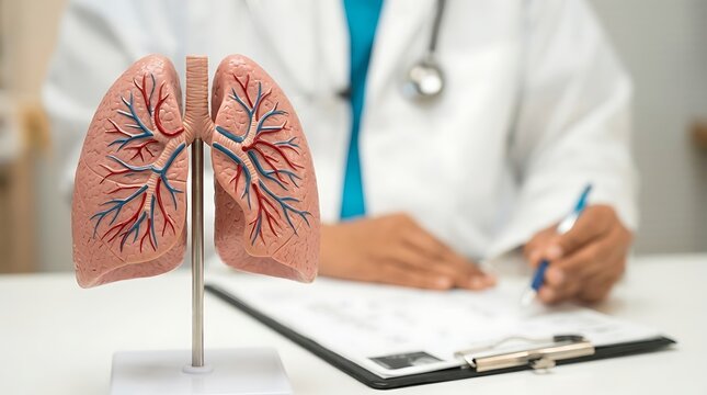 Doctor sitting with human lung anatomical model on office desk