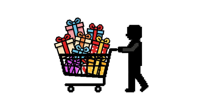 Man pushing shopping cart full gifts.