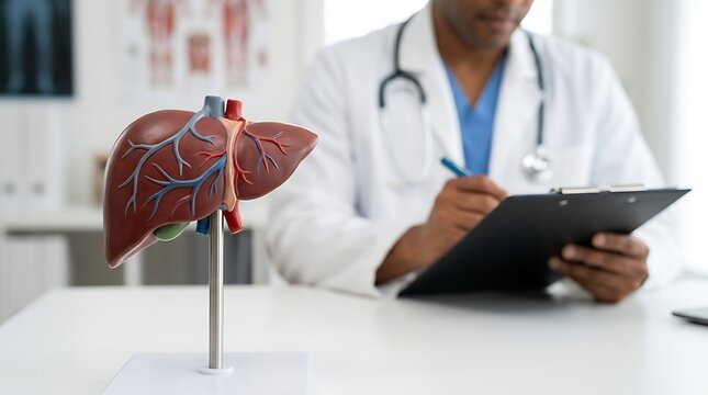 Human liver anatomical model on desk with doctor writing in background