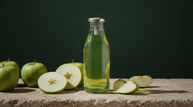 A bottle of fresh green apple juice standing on a rustic stone surface surrounded by whole and sliced green apples against a dark background.