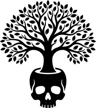 Black and white silhouette illustration of a tree growing out of a human skull.
