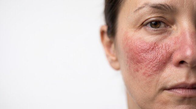 Close up half face of woman with severe rosacea facial flushing or lupus butterfly rash