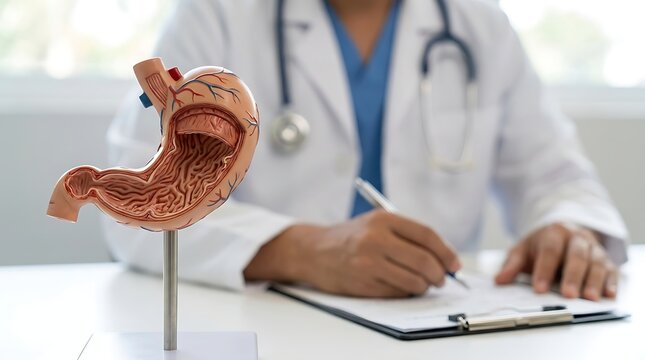 Gastroenterologist at desk with human stomach anatomical model